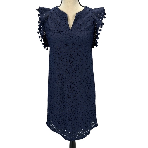 Charter Club V Neck Cap Sleeve Tassel Trim Lace Sheath Dress - Blue - size PP - Picture 1 of 9